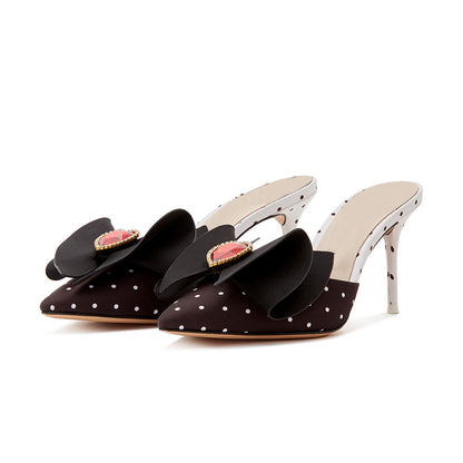 Black & White Polka Dot Shoes Heart Crystal Bow Decor Mule Heels