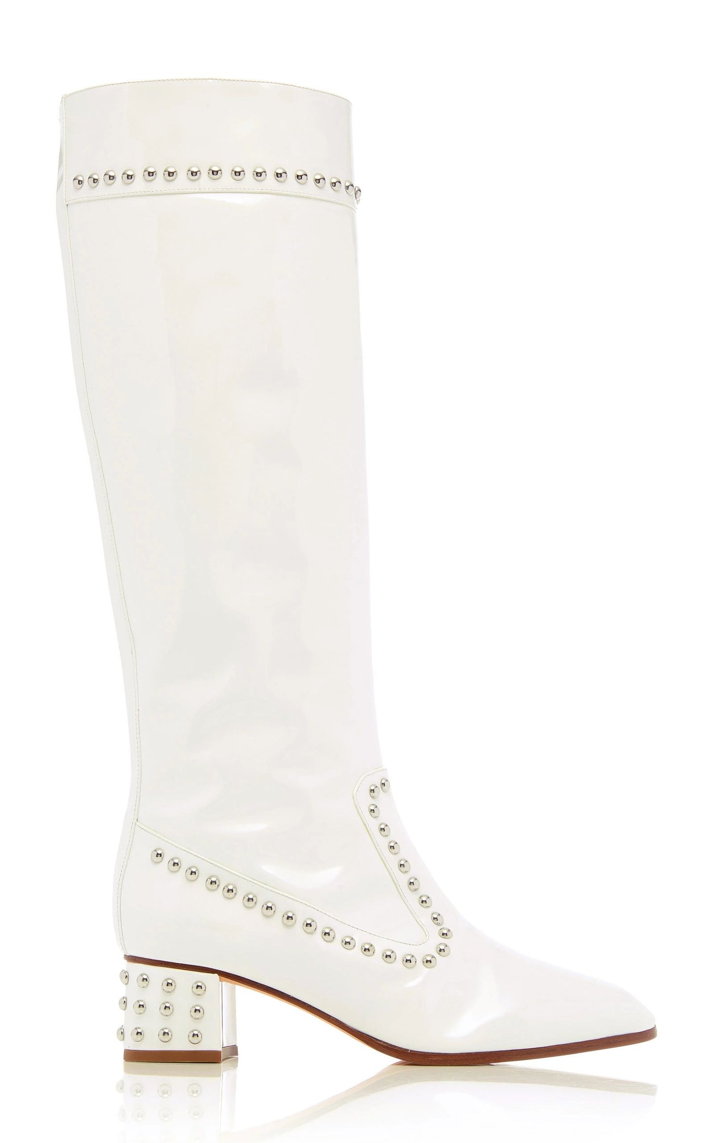White Patent Leather Studded Knee High Boots with Block Heels