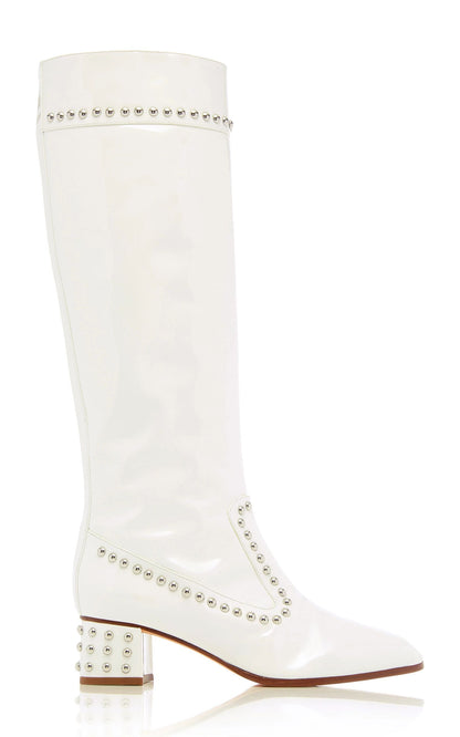 White Patent Leather Studded Knee High Boots with Block Heels