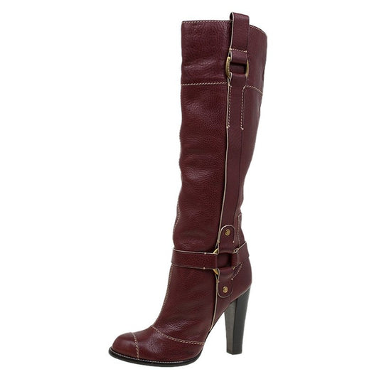 Burgundy Vintage Buckle Detail Chunky Heel Knee High Boots