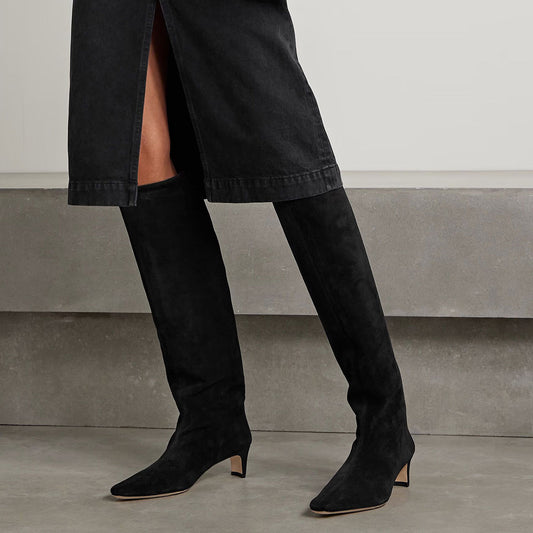 Black Vegan Suede Square Toe Chunky Heel Long Boots for Women