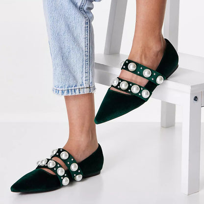 Green Velvet Pointed Toe Flats Pearls Embellished Mary Jane Shoes