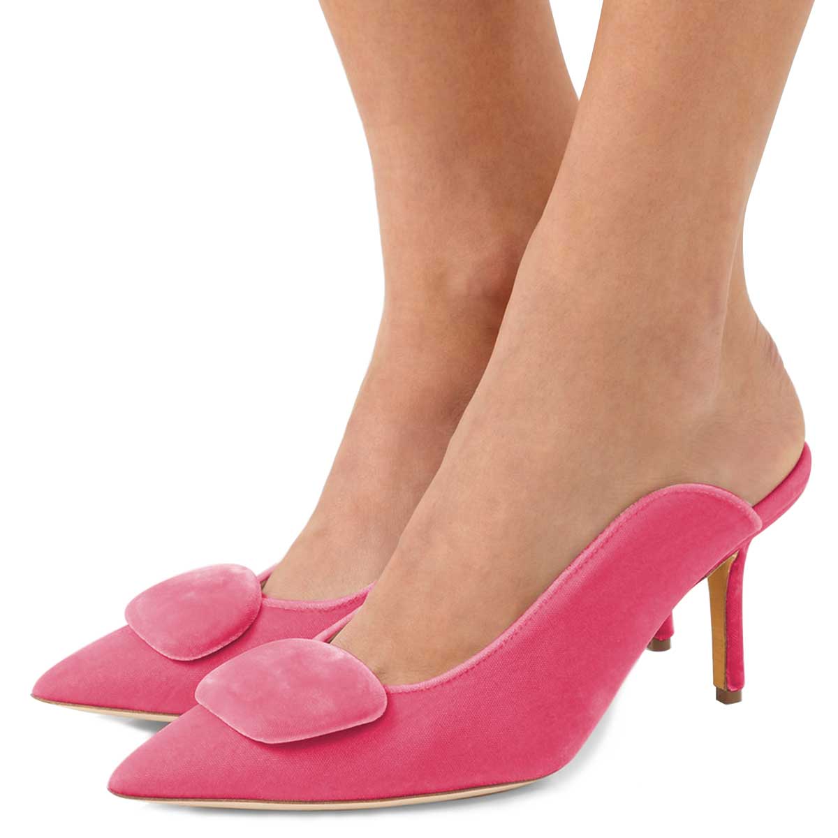 Women's Pink Velvet Pointed Toe Stiletto Heel Mules Shoes