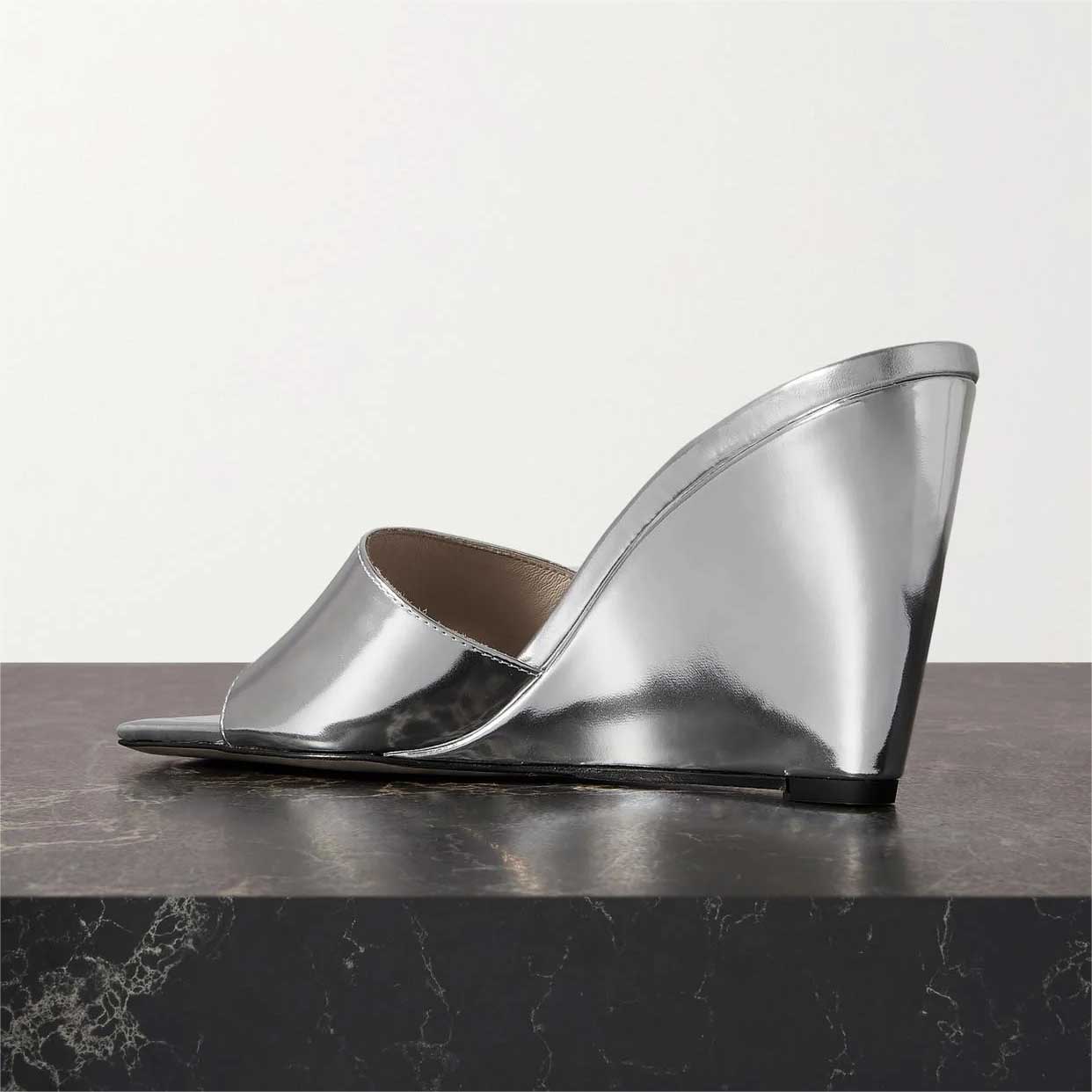 Silver Metallic Square Toe Wedge Heel Mules for Women