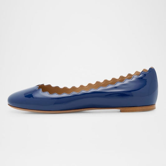 FSJ Simple Navy Patent Leather Round Toe Scalloped Ballet Flats