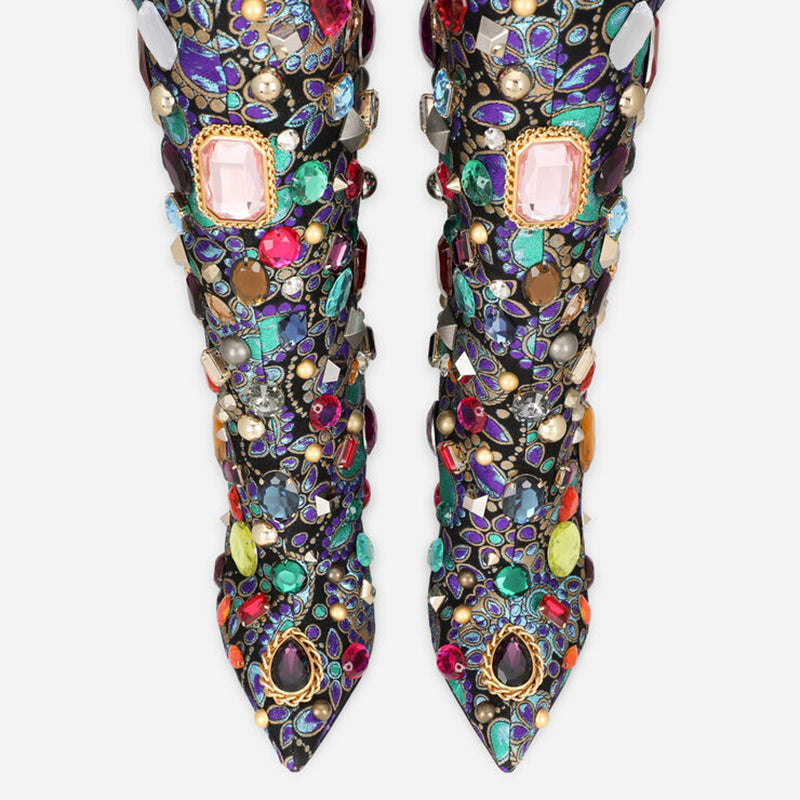 Multicolor Crystal Decor Pointy Toe Knee High Boots with Stiletto Heel