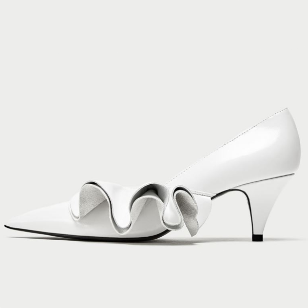Custom Made White Ruffled Cone Heel Pumps Shoes