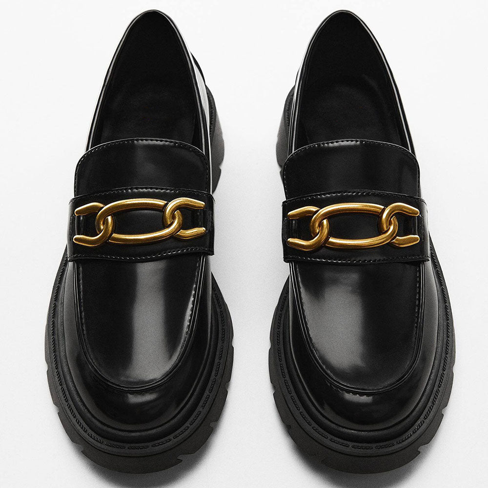 Black Patent Leather Round Toe Chunky Heel Slip-On Loafers
