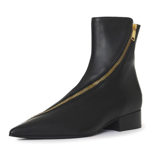Black Vegan Leather Pointed Toe Block Heeled Ankle Boots with Zipper