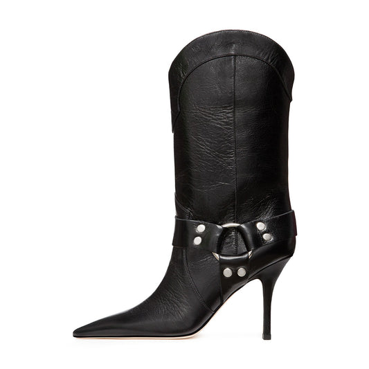 Black Vegan Leather Closed Toe 4'' Stiletto Heel Mid Calf Boots