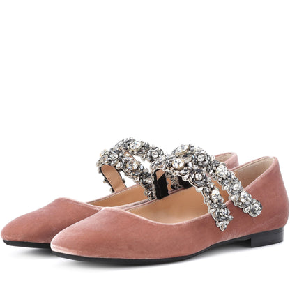 Blush Velvet Mary Jane Shoes Rhinestone Strap Square Toe Flats