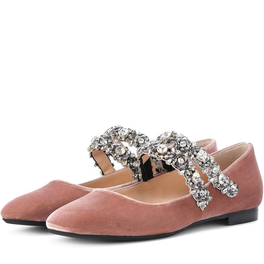 Blush Velvet Mary Jane Shoes Rhinestone Strap Square Toe Flats