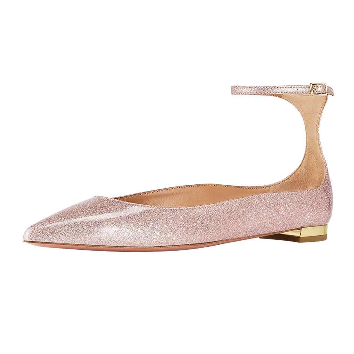 Pink Glitter Pointed Toe Women Dress Flats with Buckle Ankle Strap