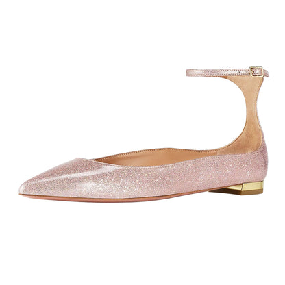 Pink Glitter Pointed Toe Women Dress Flats with Buckle Ankle Strap