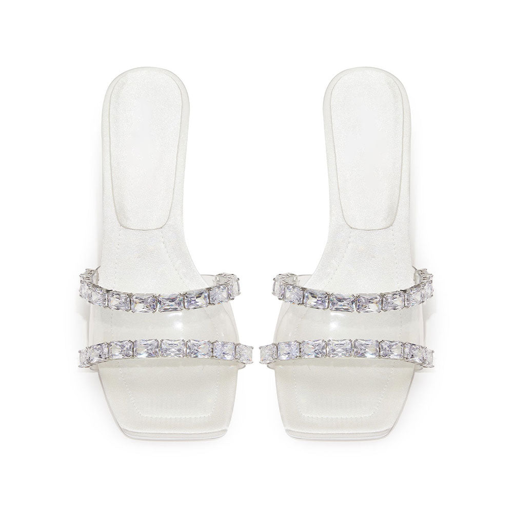 White Satin Square Toe Crystal Embellished Wedge Heel Mules Sandals