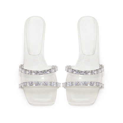 White Satin Square Toe Crystal Embellished Wedge Heel Mules Sandals