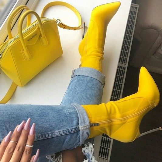 Yellow Lycra Fall Booties Pointed Toe Stiletto Heel Sock Boots