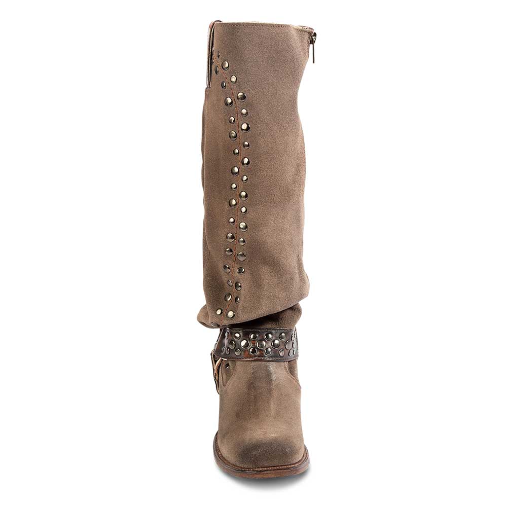 Taupe Faux Suede Square Toe Chunky Heel Studded Knee High Boots