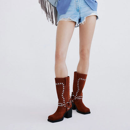 Maroon Studded Buckle Strappy Square Toe Block Heel Mid Calf Boots