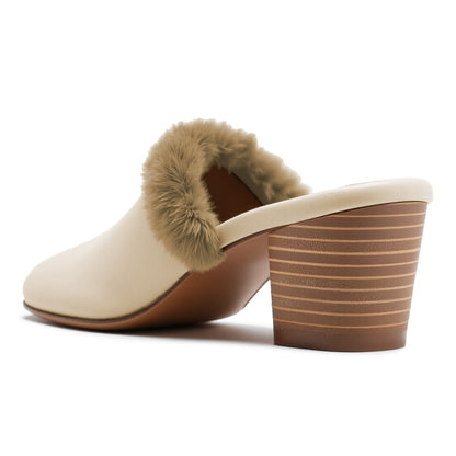 Beige Vegan Suede Closed-Toe Block Heel Faux Fur Trim Mules Shoes