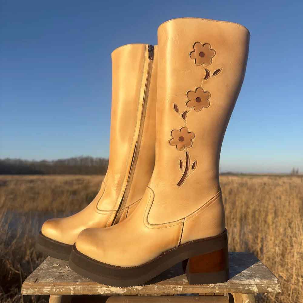 Tan Chunky Heel Flower Inlay Zipper Platform Mid Calf Boots for Women