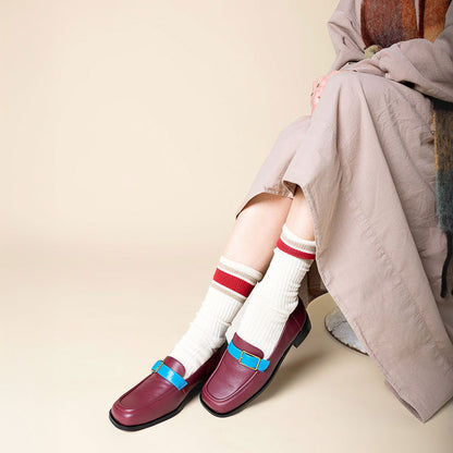 Maroon Square Toe Low Chunky Heel Women's Loafers with Blue Decor