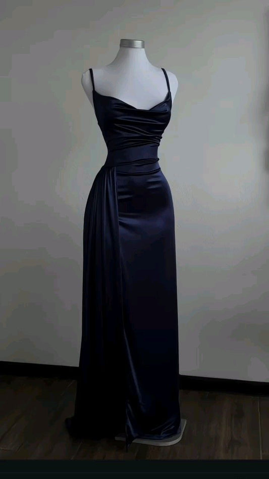 Navy Blue Sheath Satin Long Prom Dress Evening Dresses for Weddings