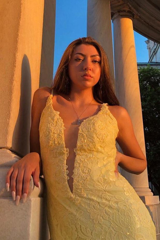 PM483,Pastel Yellow Mermaid Lace Prom Dresses, Backless Evening Dress