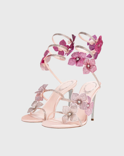 Elisa Flower Embellished Snake Sandals In Pink