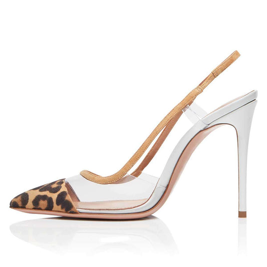 Women's Leopard Print Clear Heels Pointed Toe Slingback Pumps