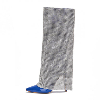 Blue Pointed Toe Stiletto Heel Side Zip Crystal Mesh Knee High Boots
