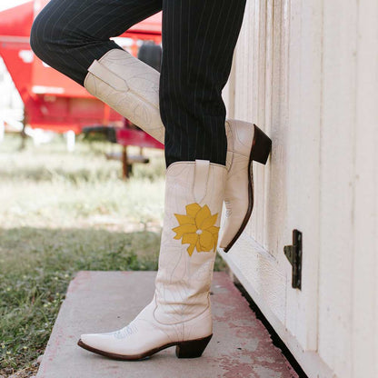 Beige Pointed Toe Yellow Floral Stitching Chunky Heel Knee High Boots