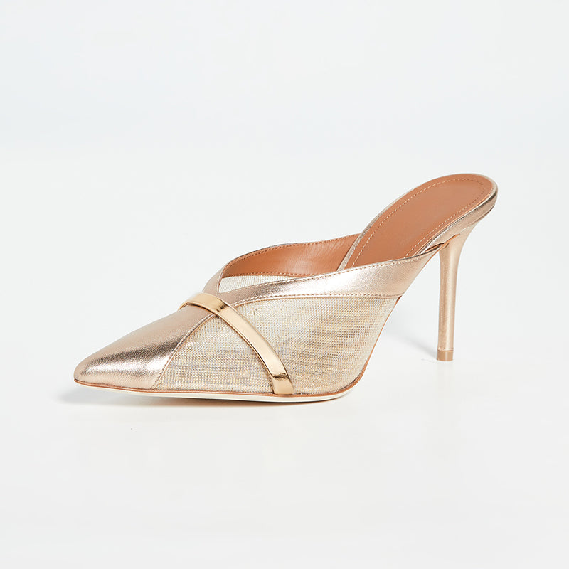 Women's Metallic Champagne Pointed Toe Mesh Mule Heels