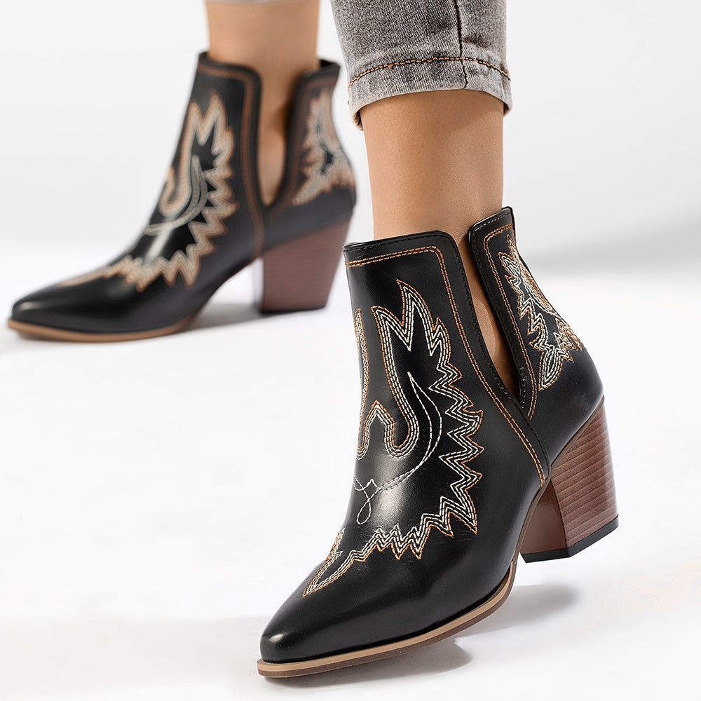 Black Closed Toe Chunky Heel Western Ankle Boots