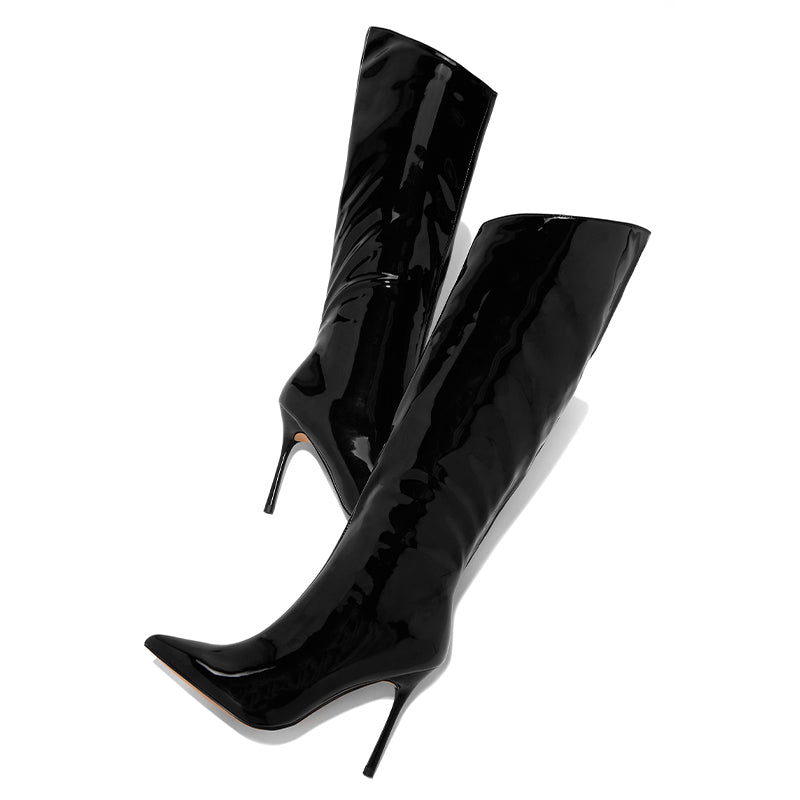Black Vegan Patent leather Pointed Toe Stiletto Heel Knee High Boots