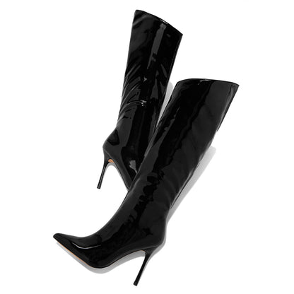 Black Vegan Patent leather Pointed Toe Stiletto Heel Knee High Boots
