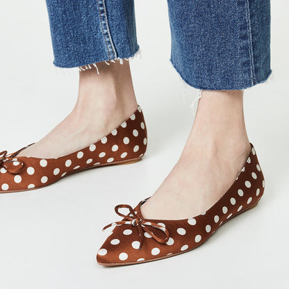Brown Satin Pointy Toe Polka Dot Bow Flats for Women