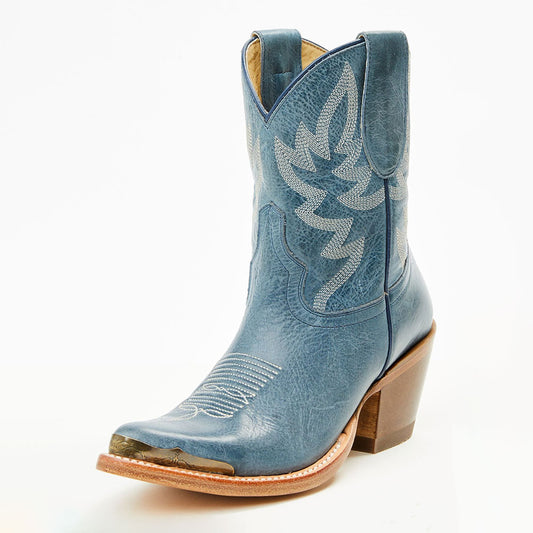 Blue Chunky Heel Pointed Toe Embroidered Western Ankle Boots