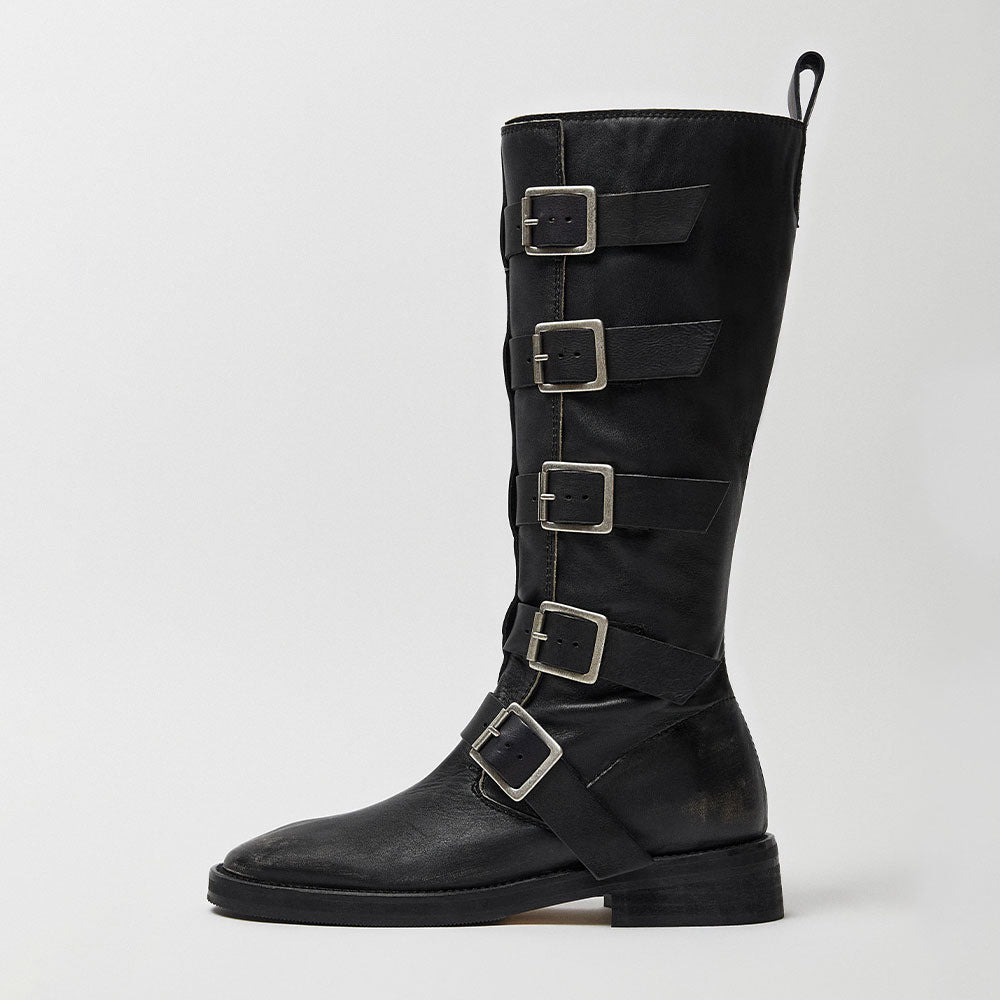 Black Square Toe Multi Buckle Straps Flat Mid Calf Boots with Zipper