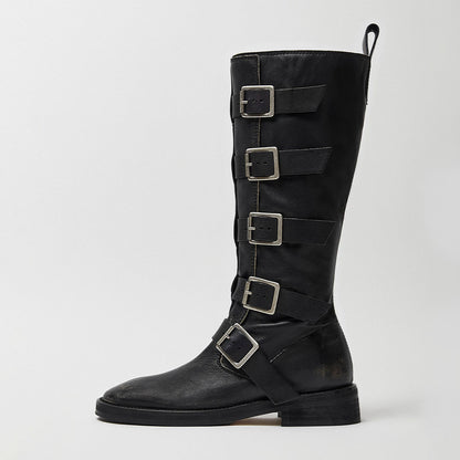 Black Square Toe Multi Buckle Straps Flat Mid Calf Boots with Zipper