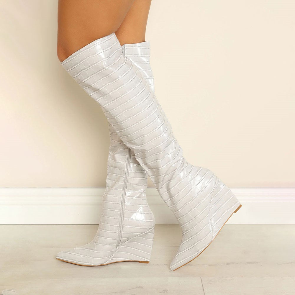 Light Grey Croco Embossed Pointed Toe Knee High Boots with Wedges