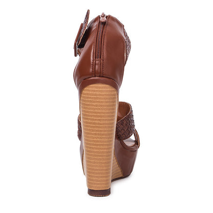 Women's Brown Open-Toe Woven Triple Strap Wedge Sandals with Platform