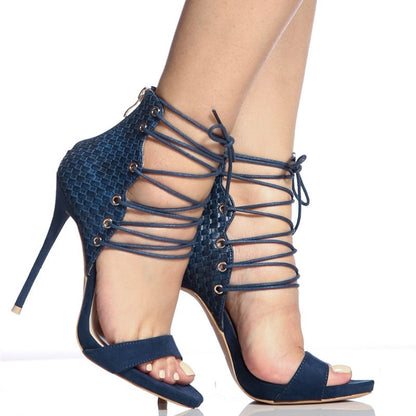 Navy Blue Open Toe Woven Style Stiletto Heel Lace-Up Sandals