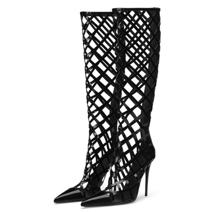 Black Pointed Toe Caged Design Stiletto Heel Knee High Boots