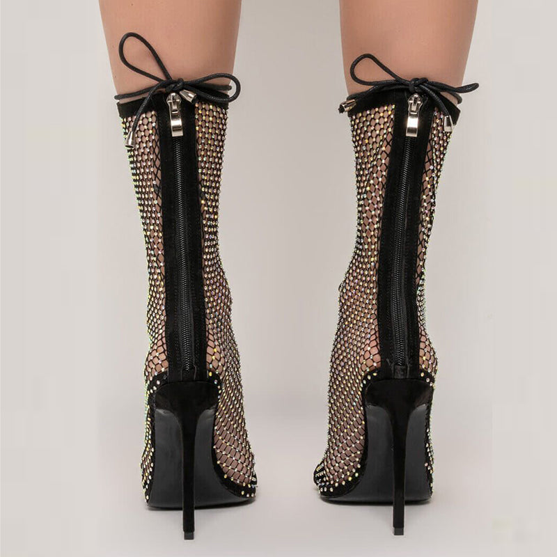 Black Pointy Toe Nets Ankle Boots Evening Hollow Out Stiletto Heels