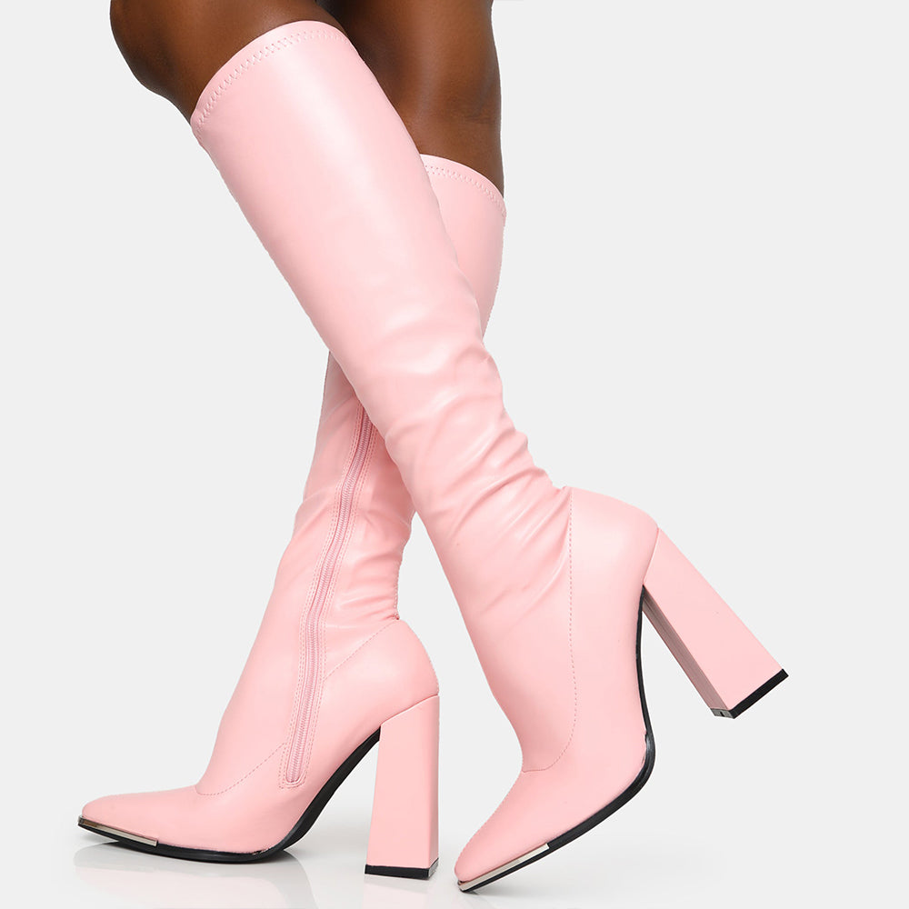Full Light Pink Square Toe Boots Vegan Leather Chunky Heel Knee High Boots