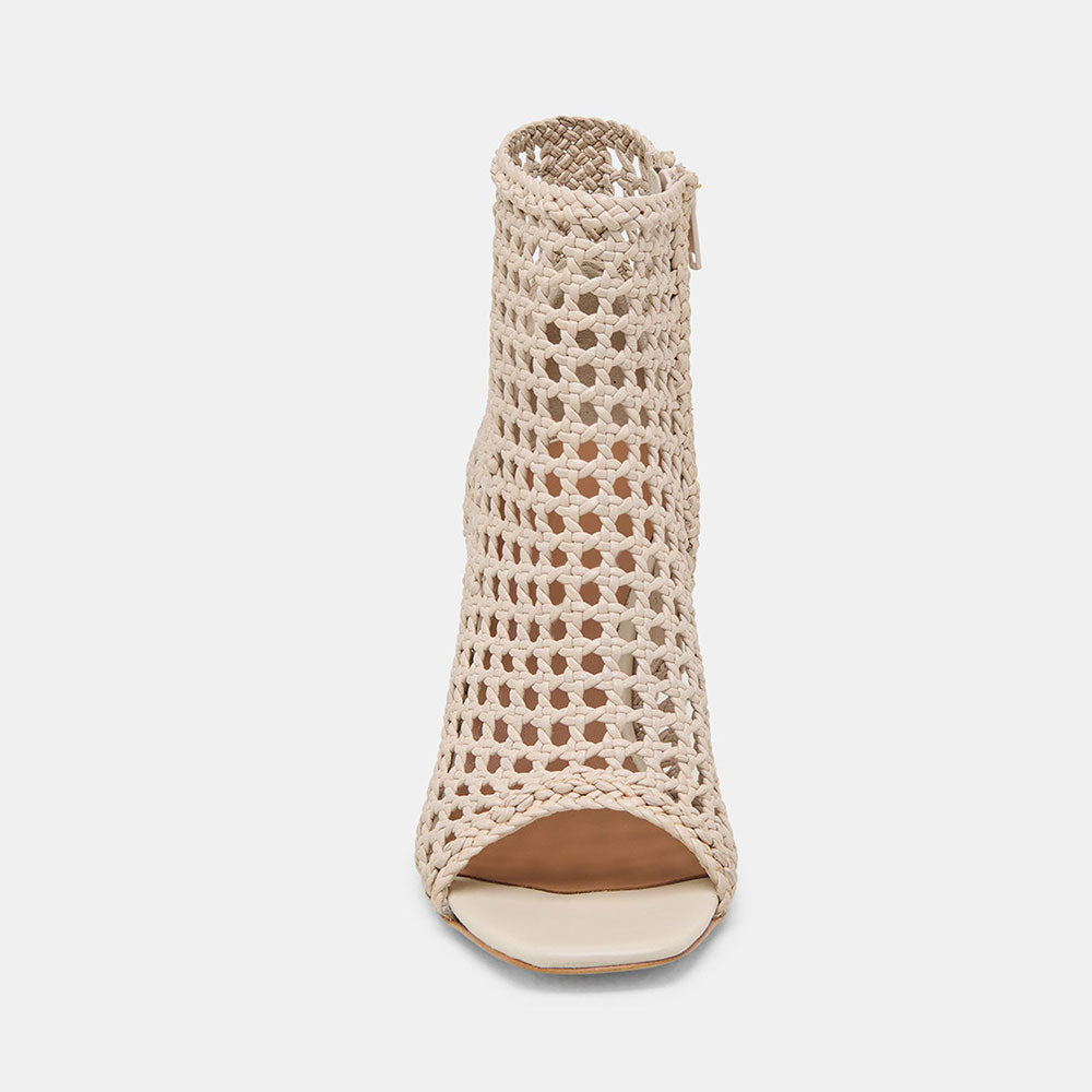 Beige Woven Cut-Out Open Square Toe Flared Heel Zipper Summer Boots