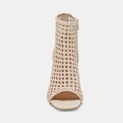 Beige Woven Cut-Out Open Square Toe Flared Heel Zipper Summer Boots