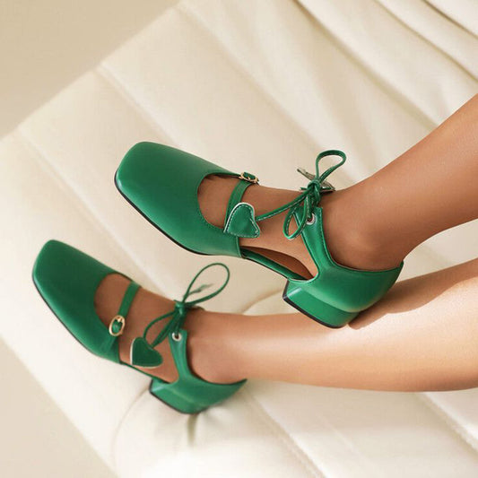 Green Women's Square Toe Block Heels Vintage Loafers Lace Up Pumps