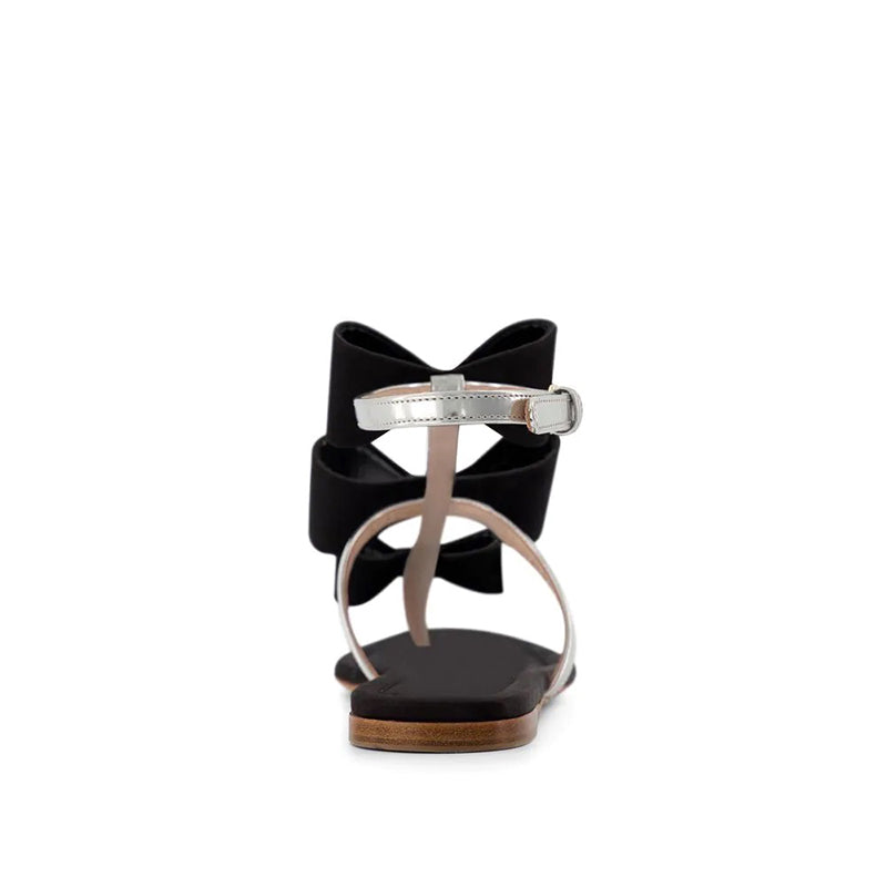 Black and Silver Thong Sandals Bows Embellished Slingback Flats